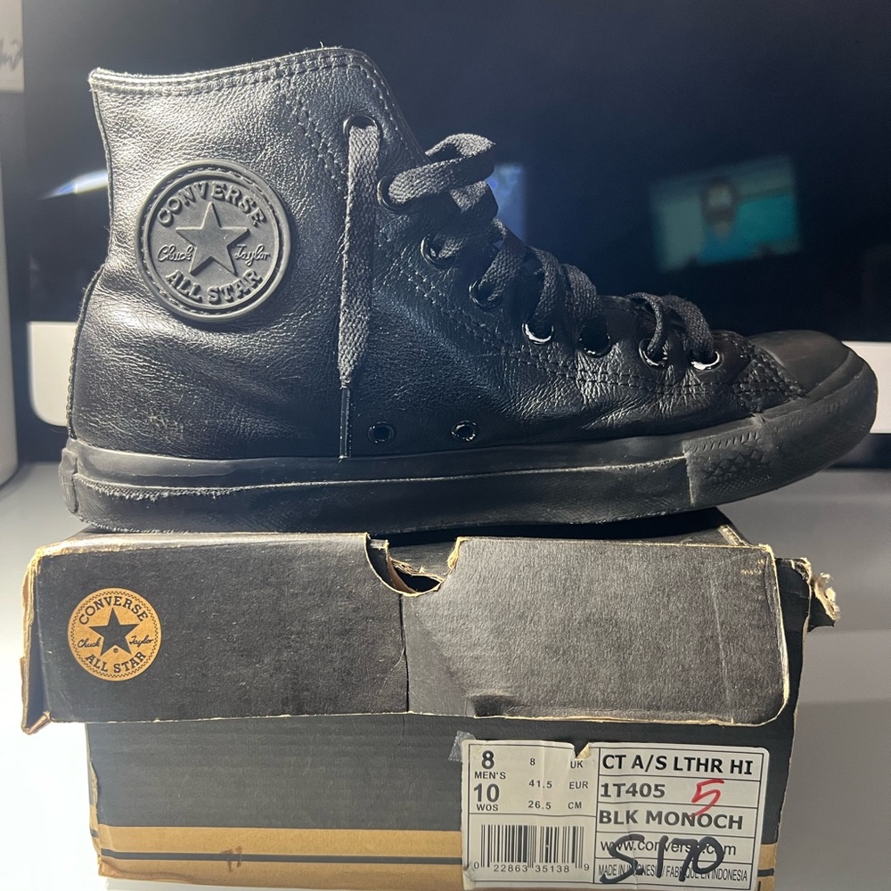 Converse All Star Black Leather High-Tops - Men’s 8/Womens 10 - Picture 3 of 5